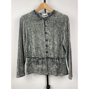 Vtg Treadle Design Room Gray Art To Wear Fringe Neckline Button Up Blouse Size M